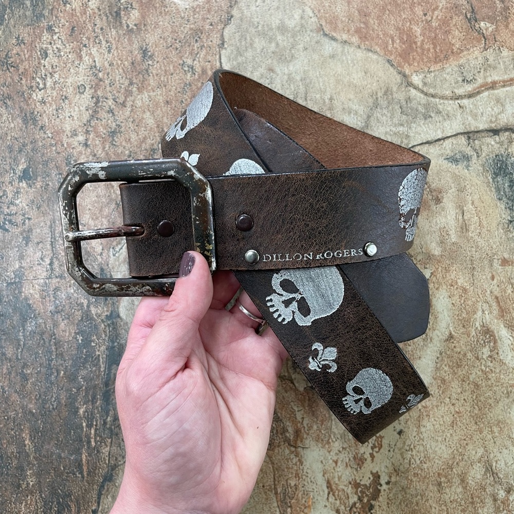 NEW Skull & Fleur-de-lif Leather Belt- Dillon Rogers- RARE